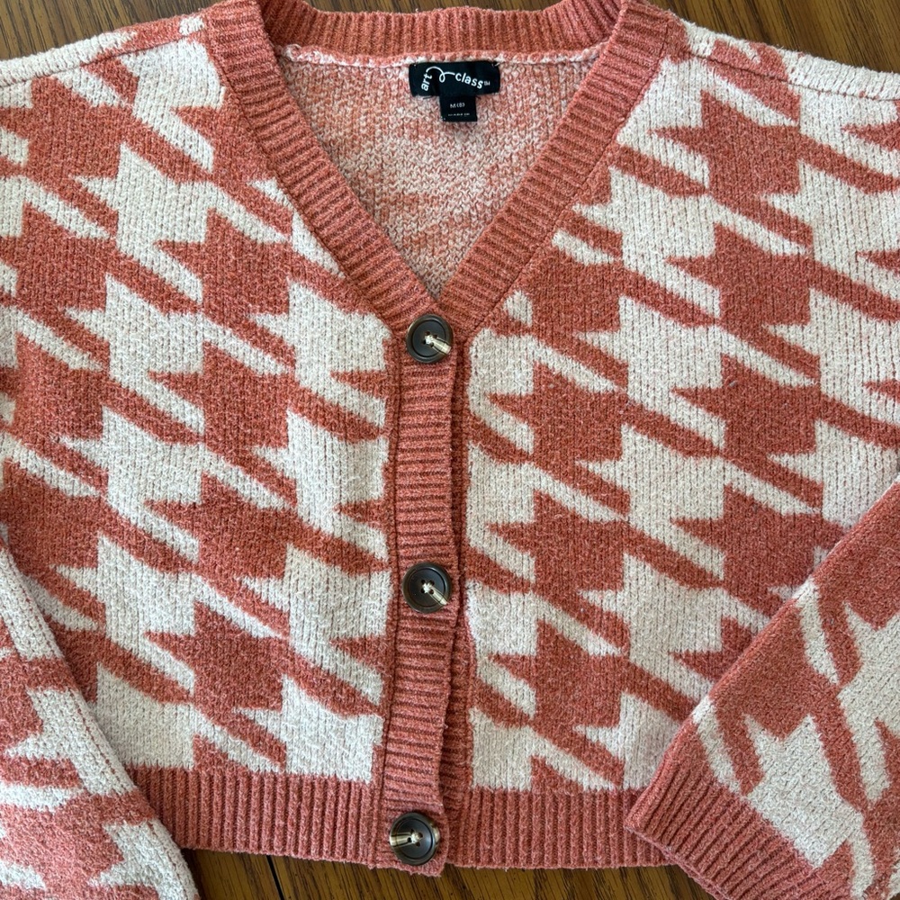 Art Class Girls Houndstooth Coral And Cream Button Up Cardigan Cropped Girls 8 - Picture 4 of 9